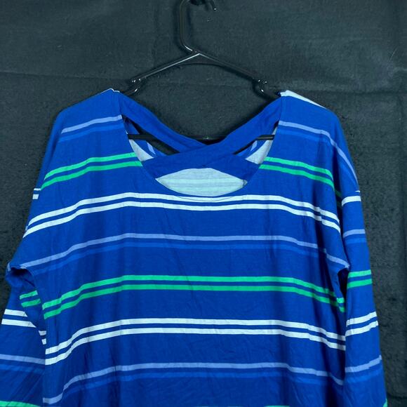 T By Talbots Women Shirt Blue Striped Boat Neck Cross Back Long Sleeve Stretch L - Picture 11 of 12